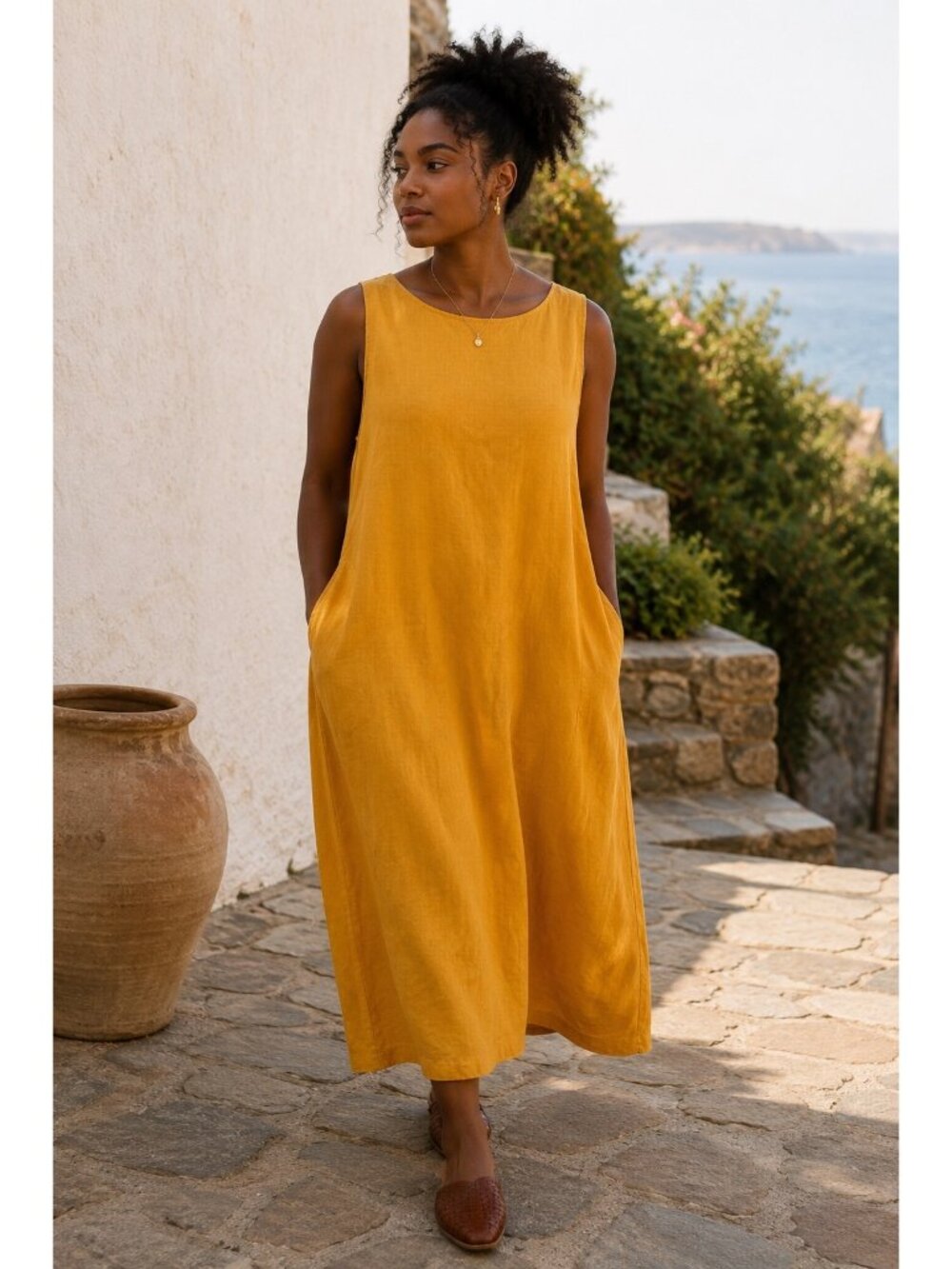 Amazhiyu 100% Linen Mustard Yellow Sleeveless Shift Dress XL Plus Size Pockets